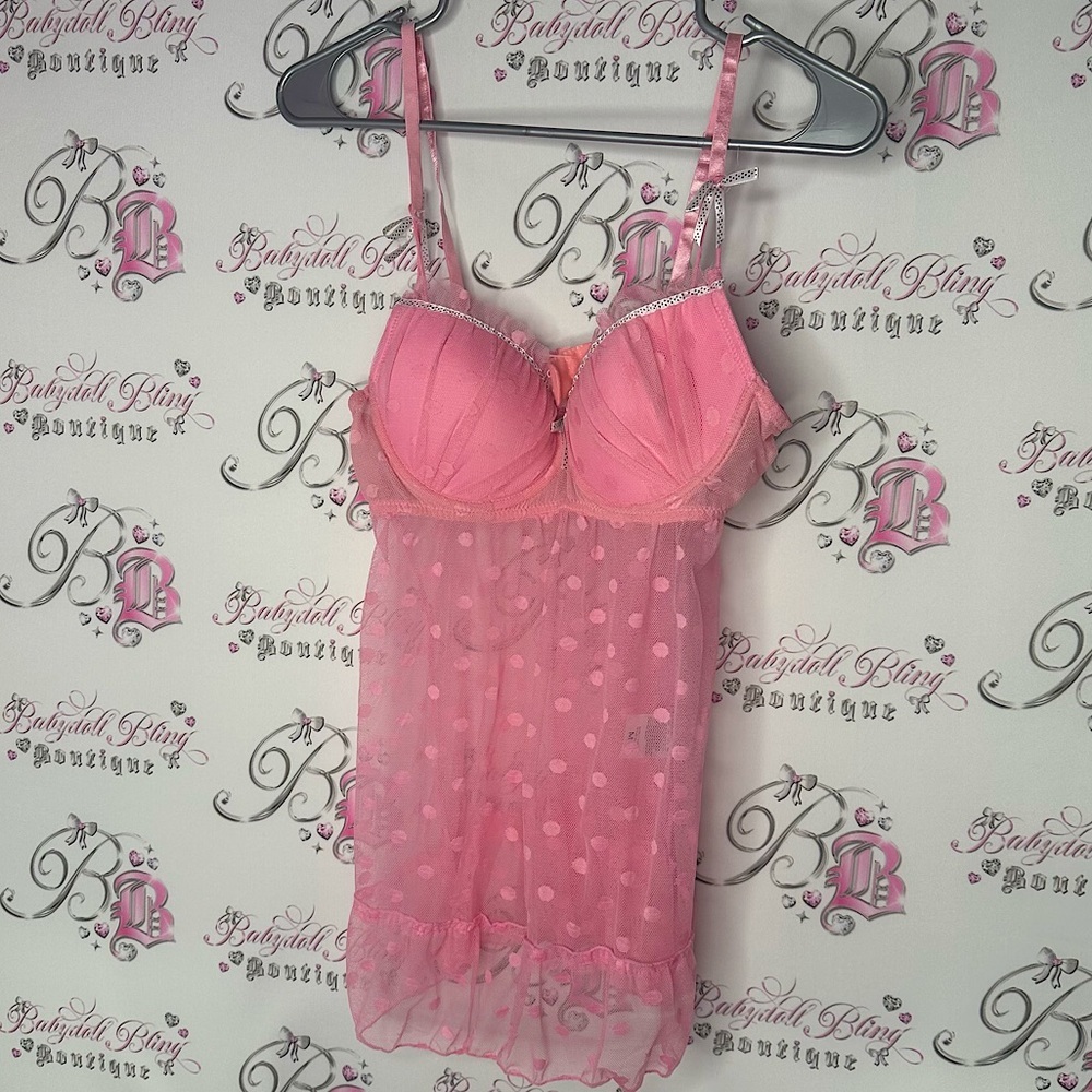 Bustier polka dot Pink Sheer Babydoll Lingerie y2k tank top ruffle frill